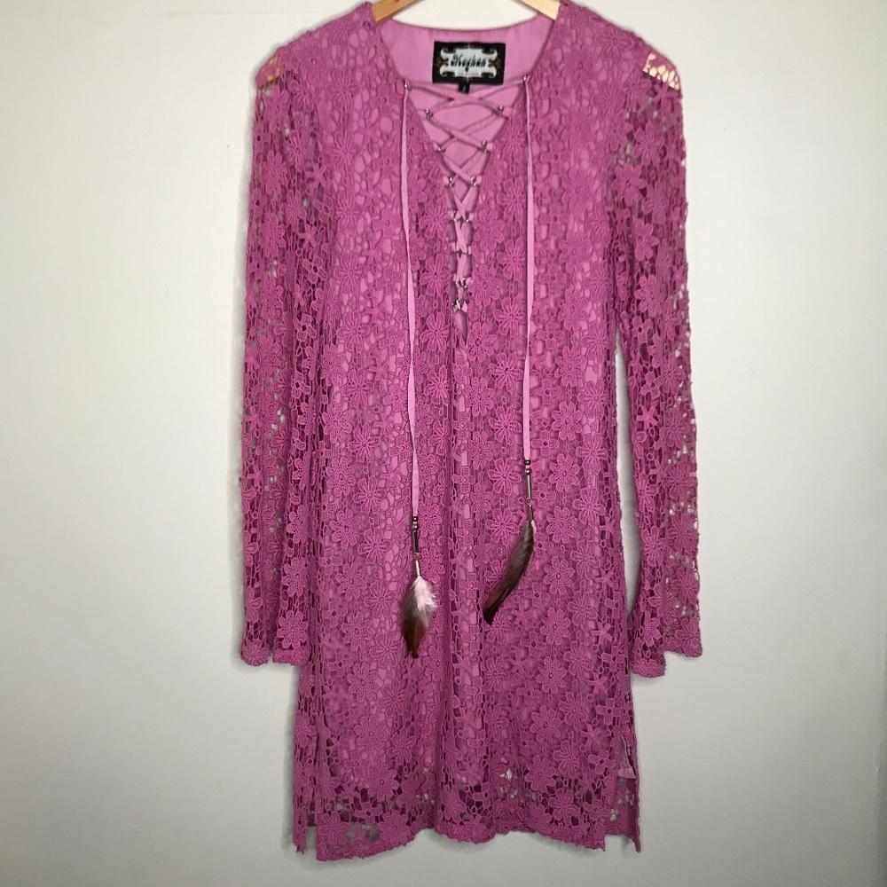 Meghan LA Long Sleeve Lace Dress with Lace Up Neck